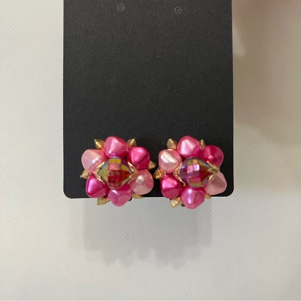 Vintage Pink Cluster Beaded Clip On Earrings